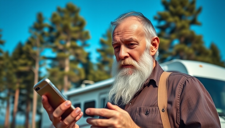 Elderly man showcasing smartphone near RV during family RV adventures.