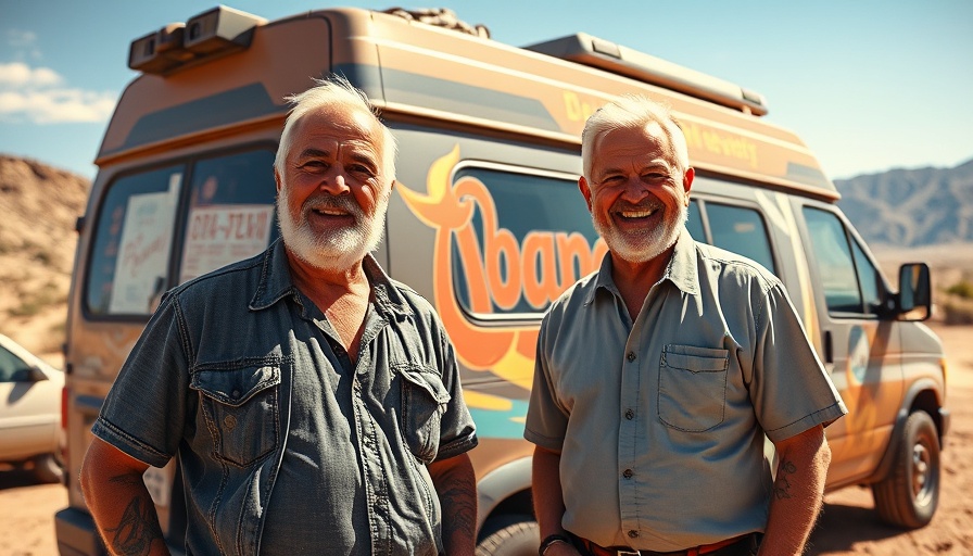 Two men enjoying affordable RV lifestyle beside a branded van in a sunny desert.