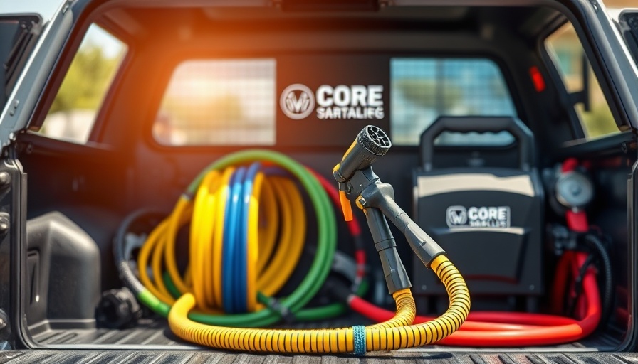 Close-up of pressure washing equipment with text overlay.