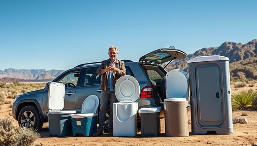 Man demonstrating affordable campervan toilets in desert.
