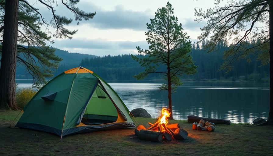 Unique National Park Campgrounds: lakeside tent and campfire.