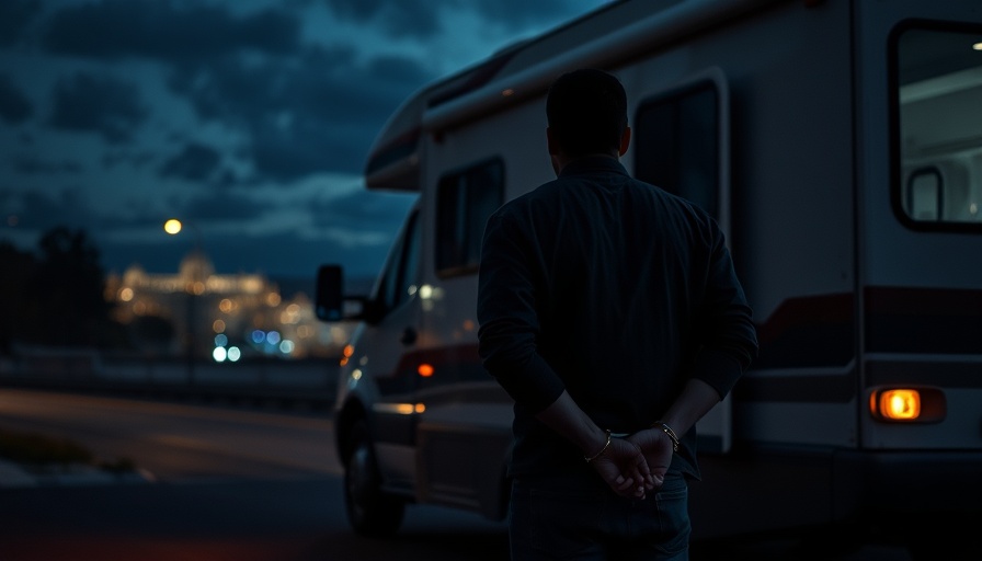 Crime and RV living, person in handcuffs near RV at night.
