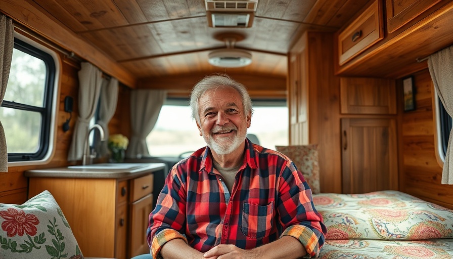 Cozy RV interior with smiling older man showcasing affordable RV lifestyle.