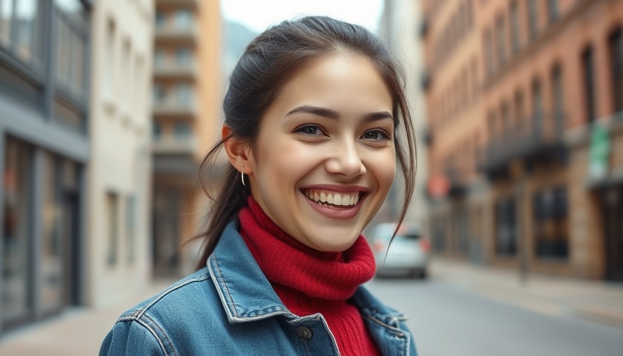 Smiling young woman in denim jacket outdoors, city backdrop.