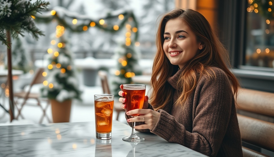 Woman enjoying a cozy holiday setting with winter decorations.