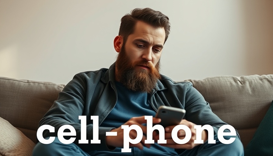 Casual man indoors, thoughtful expression, with cell phone text.