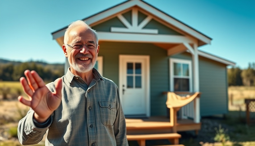 Man proudly presenting his affordable tiny home shed conversion with porch.