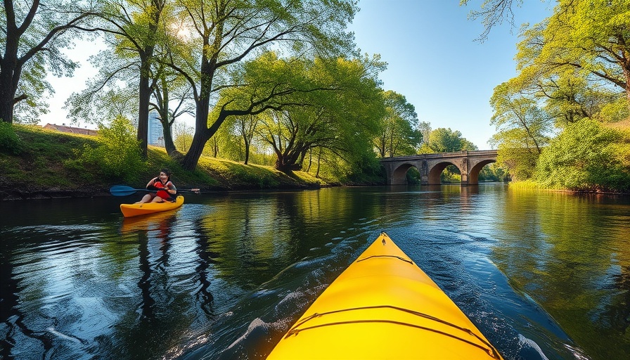 Serene kayaking on a river with lush scenery.