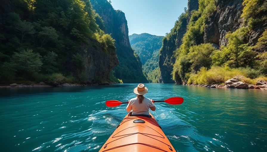 Kayaker on Buffalo National River adventure with lush forest and cliffs.