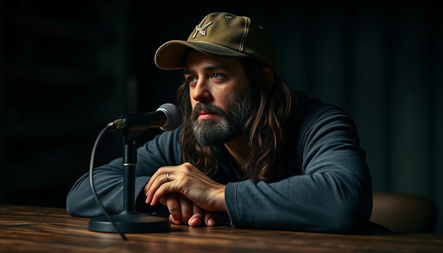 Thoughtful man speaking into microphone with soft lighting.