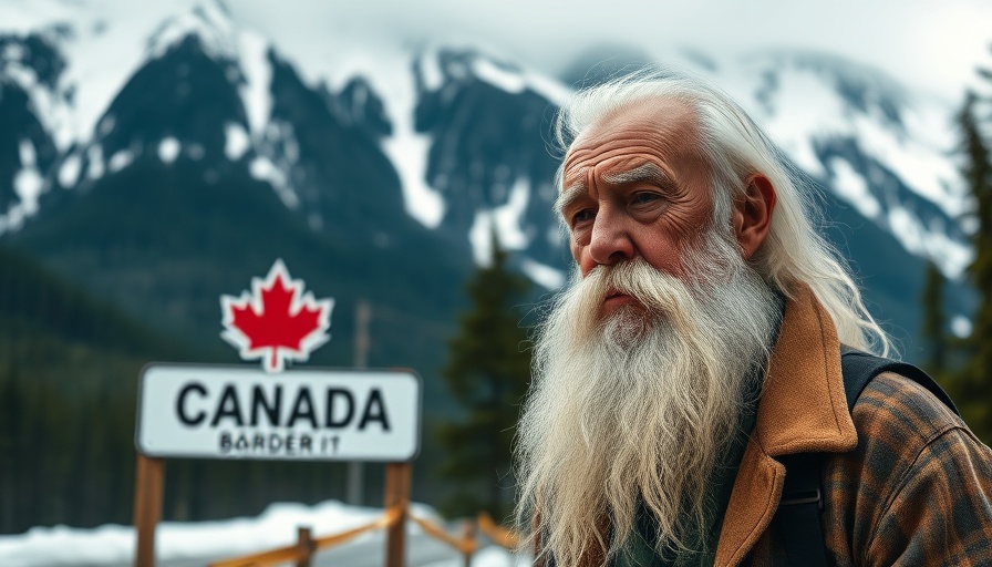 Elderly man at Canadian border sign with mountains in background.