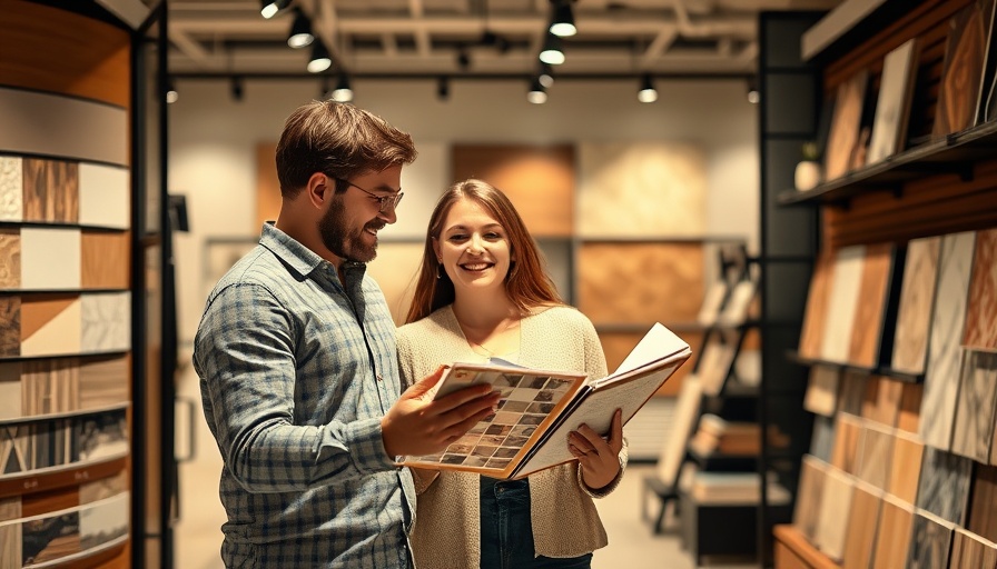 Couple selecting tiles in a design store, exploring options.