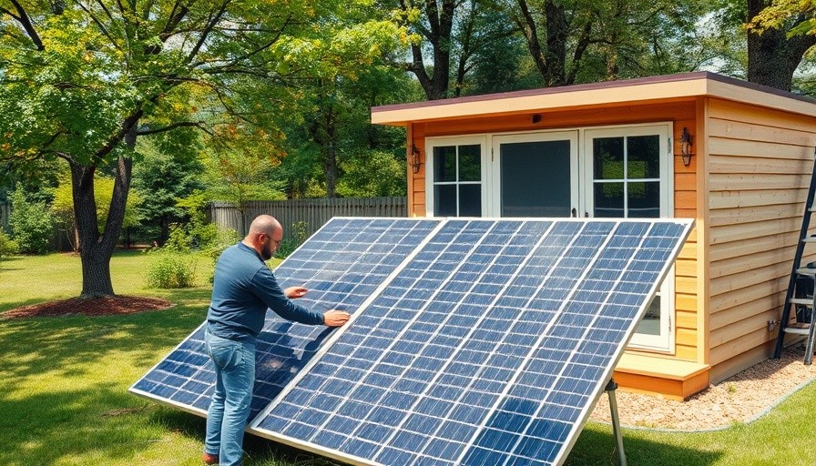 Man installing solar panel for solar shed kit in sunny backyard.