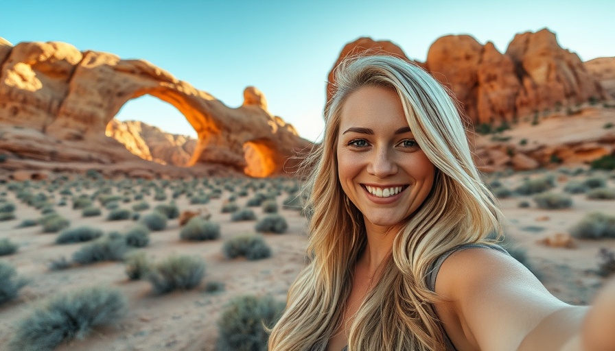Smiling woman at Arches National Park with rocky arches.