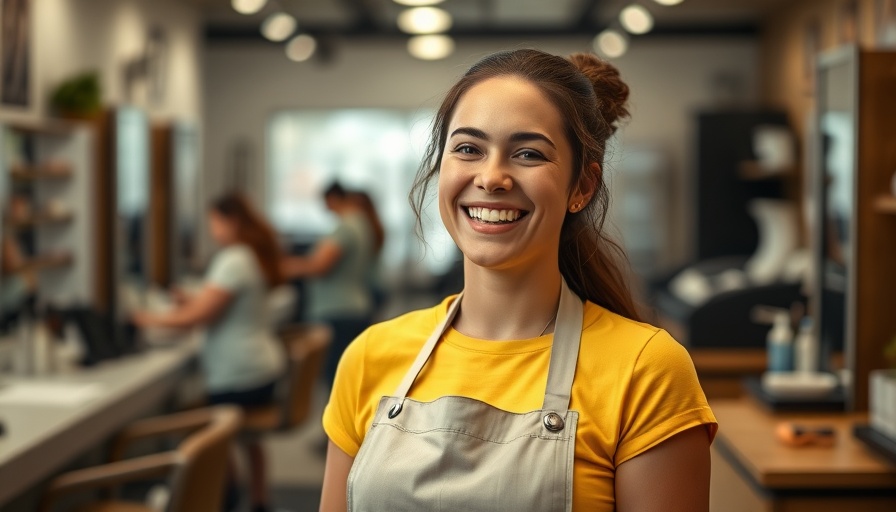 Woman in salon wearing apron, smiling confidently.