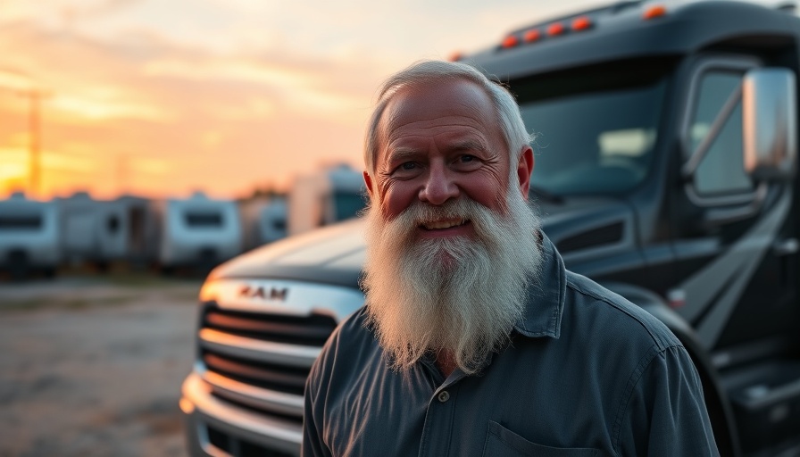 Man smiling in front of a truck at sunset on travel day.