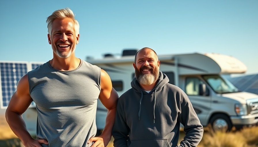 Affordable RV living with solar-powered van and smiling men outdoors.