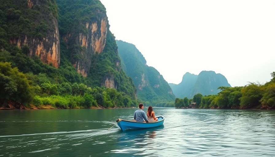 Next adventure is loading: serene boat scene on calm river with greenery.