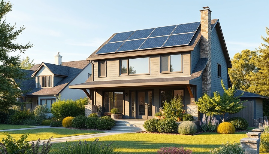 Energy-efficient home with solar panels and insulation.