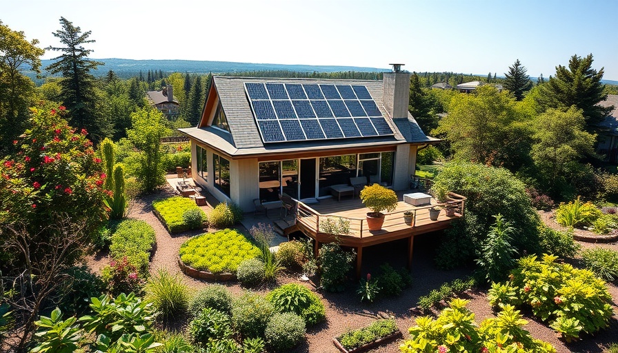 Self-sufficient home with solar panels and lush gardens.