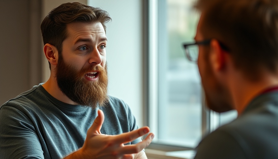 Expressive bearded man discussing advertising tips passionately.