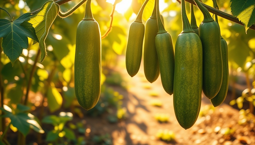 Cucumbers on vine in sunlight; garden veggies that need extra fertilizer.