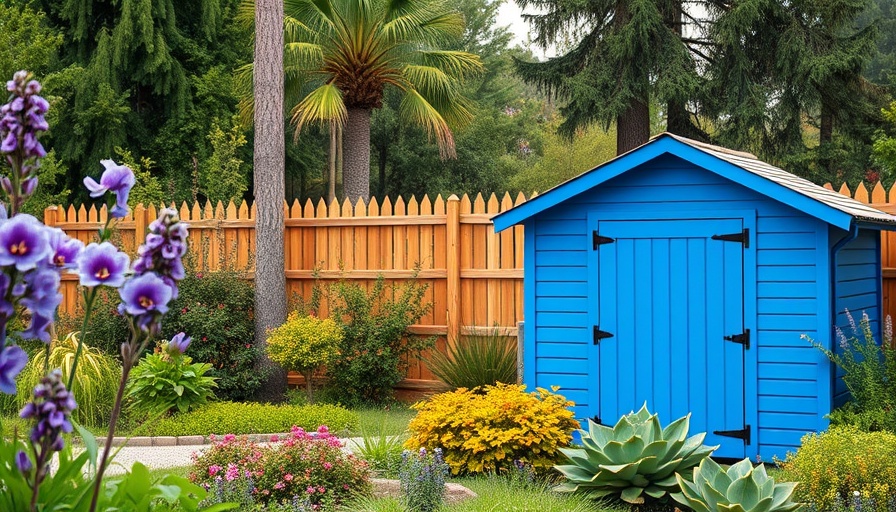 Stylish storage shed in a vibrant garden landscape