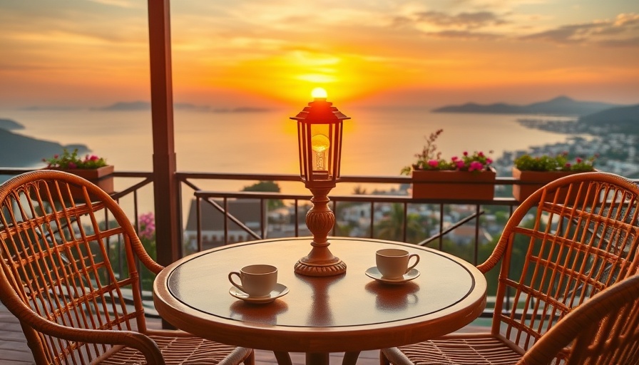Charming patio with outdoor lamp on table, sunset view over coastal town.