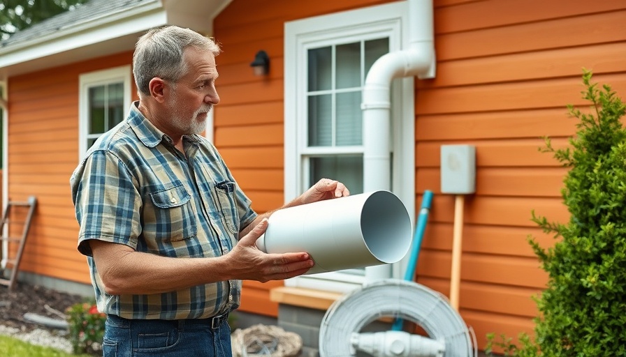 Man demonstrating vent pipe installation by house for heating.