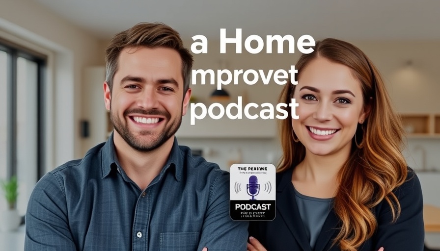 Outdoor kitchen design tips podcast promotion featuring smiling hosts.