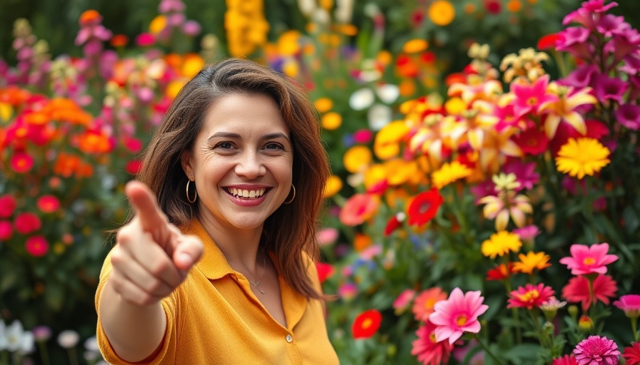 Smiling person pointing at vibrant backyard garden makeover, colorful flowers.