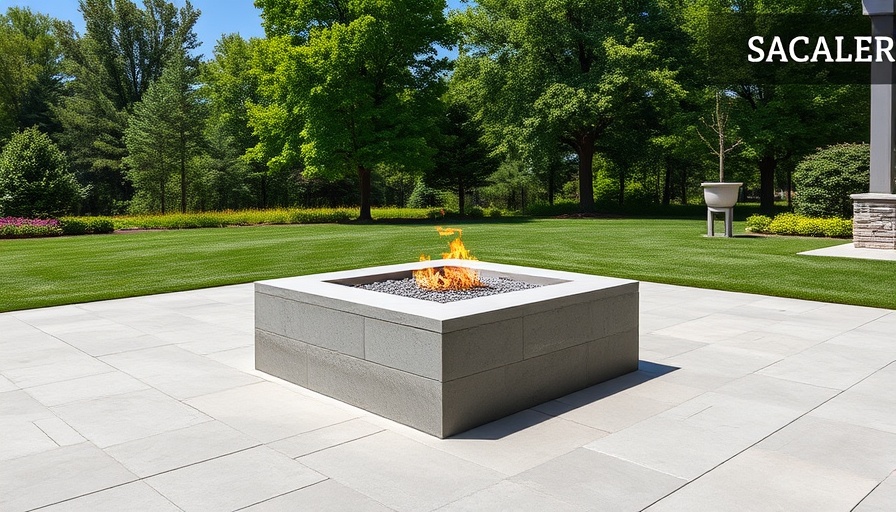 Modern fire pit design on a patio surrounded by greenery