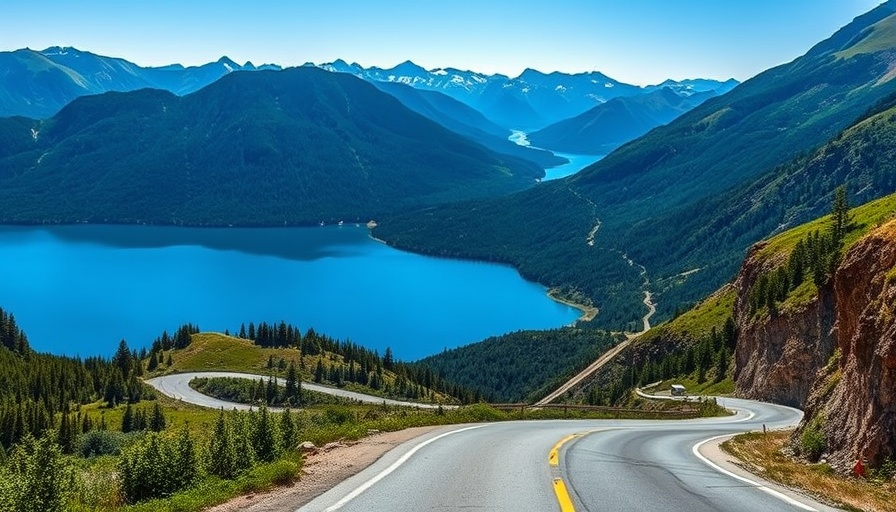 Scenic drive through mountains near a blue lake, vibrant nature.