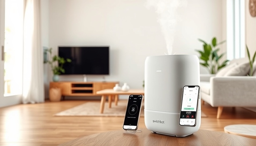SwitchBot Evaporative Humidifier next to smartphone app in modern living room.