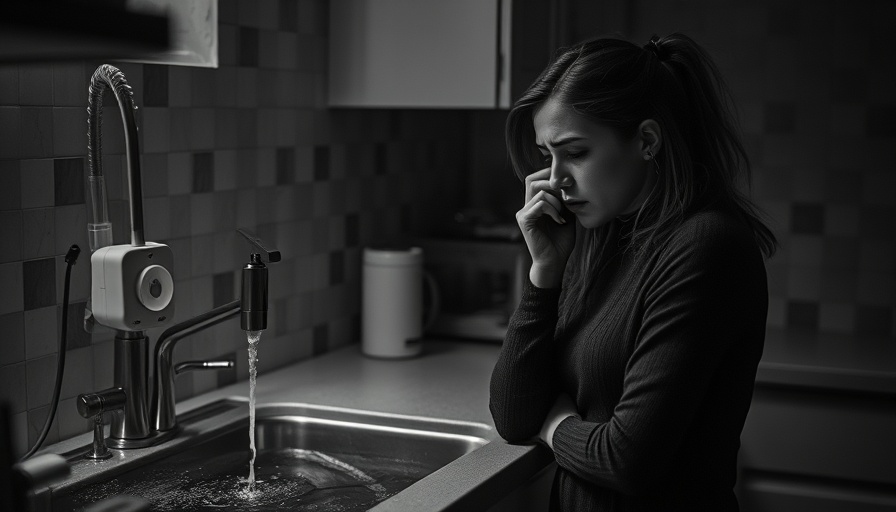 Worried woman calling about Shelly Flood leak detection under sink in monochrome.