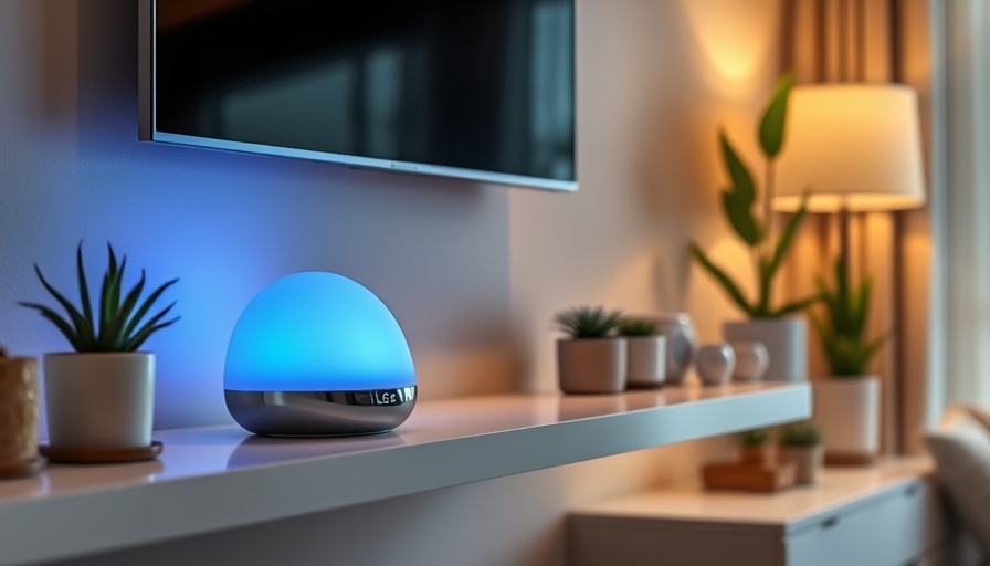 LG ThinQ Hub on minimalist shelf in cozy living room.