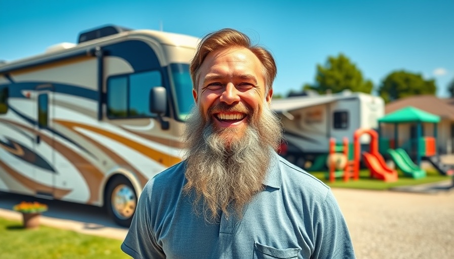 Smiling man at family-friendly EPIC RV Resort, sunny day.