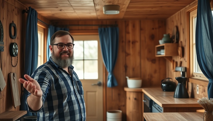 Cozy shed kitchen with a bearded man explaining the design.