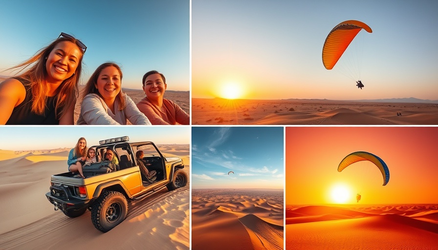Glamis photo shoots collage with sunset and desert activities.