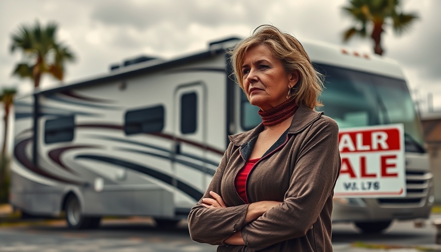 RV living necessities: RV with for sale sign and contemplative woman.