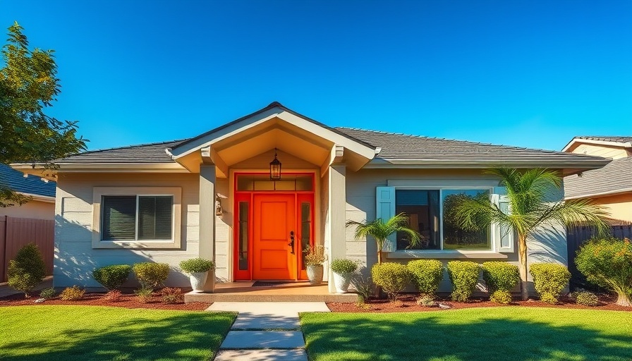 Modern home exterior with orange door, lush landscaping.