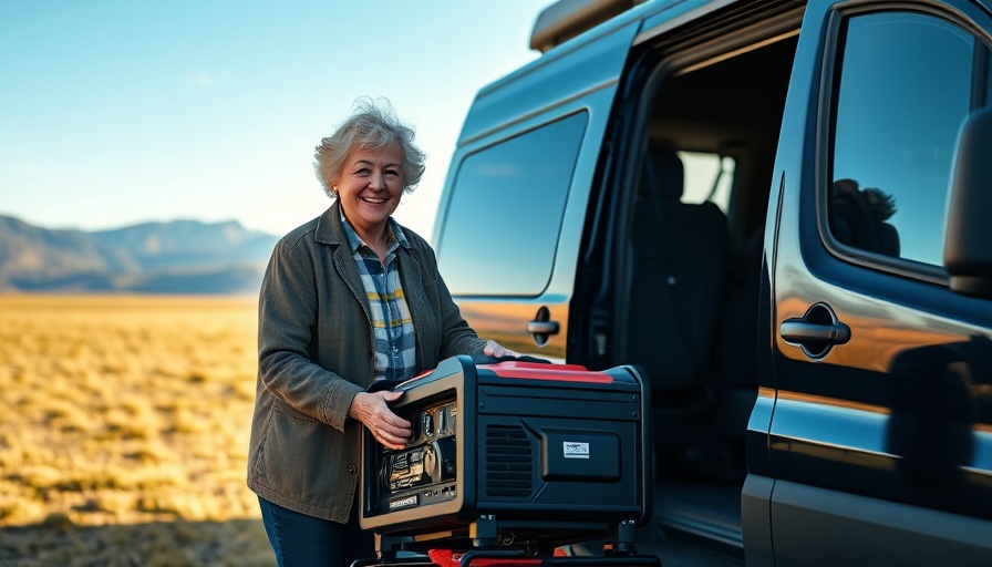 Elderly woman embracing affordable RV lifestyle with generator in field.