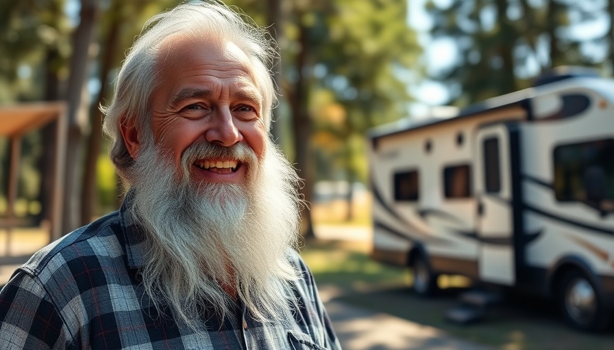 Bearded man enjoying RV travel tips at sunny campground