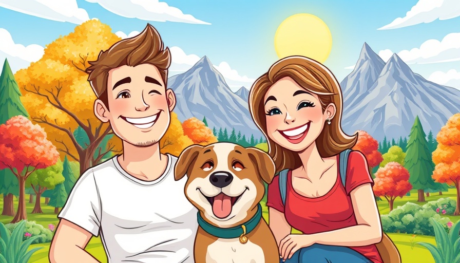 Cartoon of happy couple and dog in park, RV lifestyle tips.
