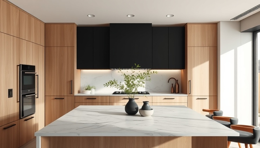 Modern kitchen with light wood cabinets and stylish black accents.