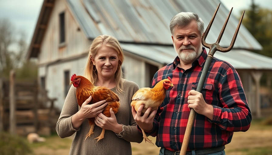 Couple renovating backyard homestead with chicken and pitchfork