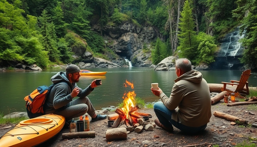 Adventurous campers enjoy coffee by a riverside.