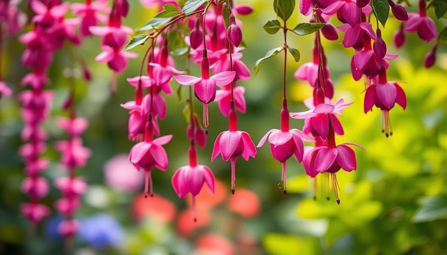Trailing fuchsia varieties for hanging baskets in a lush garden.