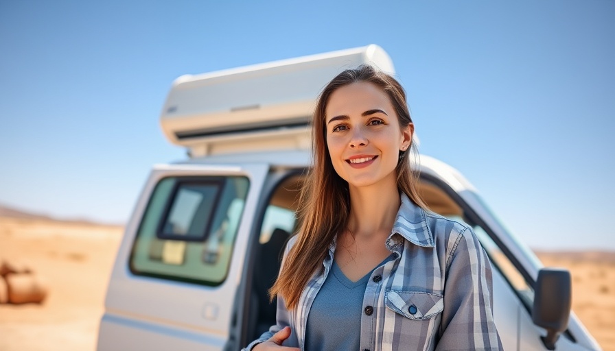 Affordable van air conditioning demonstrated by woman in desert setting.