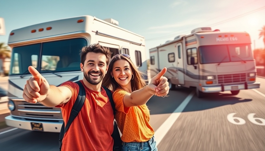 Enthusiastic couple on Route 66 with RV, unforgettable road trip.